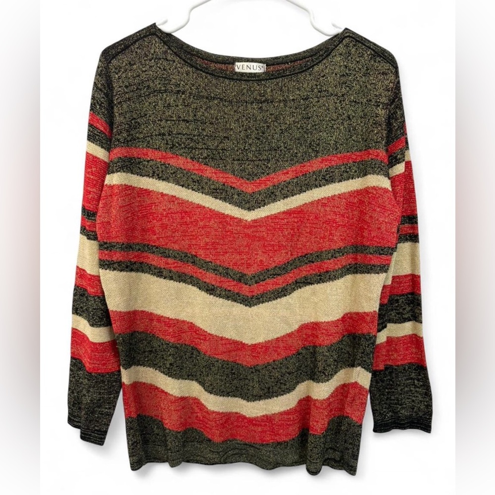 Women's Venus Metallic Gold Knit Chevron Sweater Shirt Medium Winter‎ Holiday